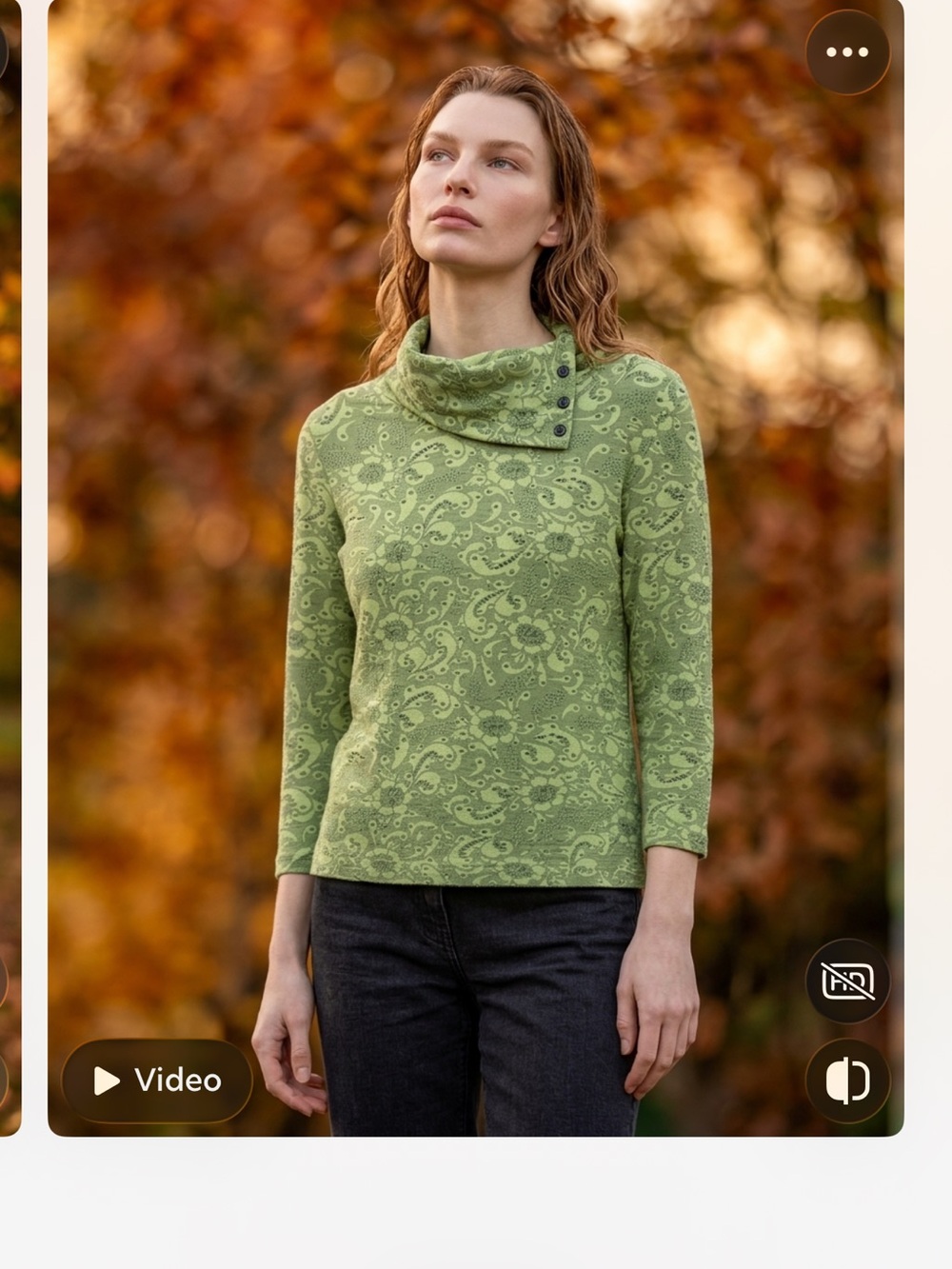 Andria Lieu Light Green Patterned Cowl-Neck Sweater with Button Detail